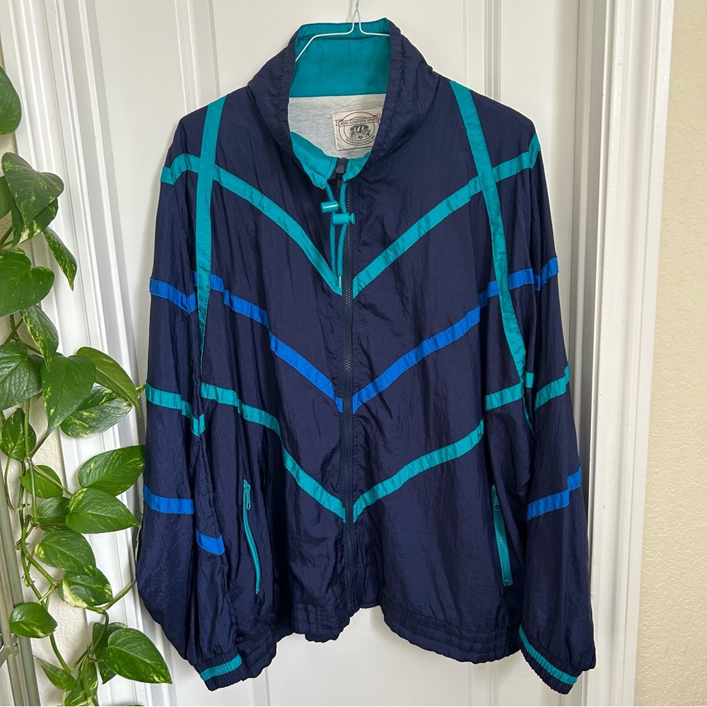 Vintage Men’s Windbreaker Jacket By John Ashford Sport In Navy & Teal Size XL